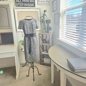 Calvin Klein Black & White Tweed Sheath Dress with Black Sash